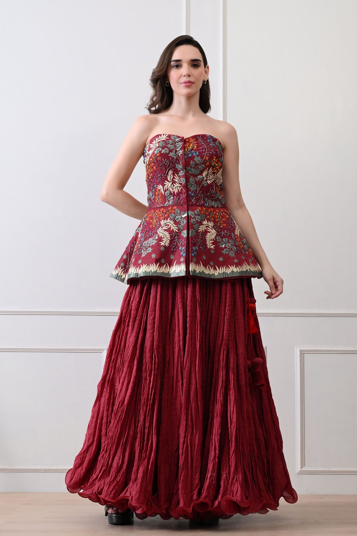 Maroon Strapless Peplum Skirt Set