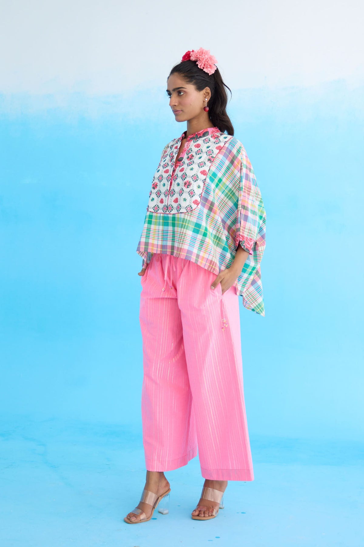 Blue Madras Checks Hi-low Top