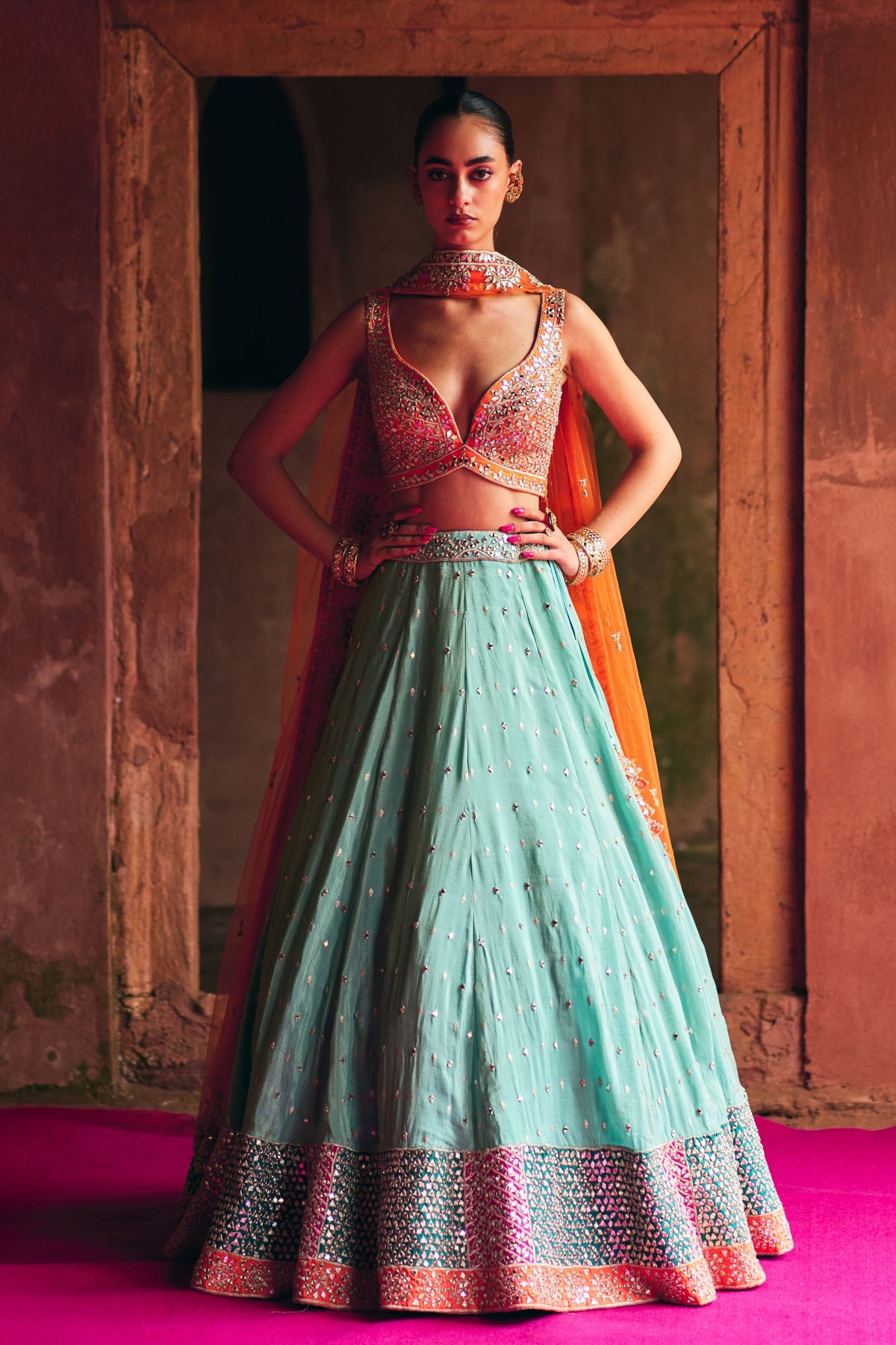 Aqua Tissue Lehenga Set