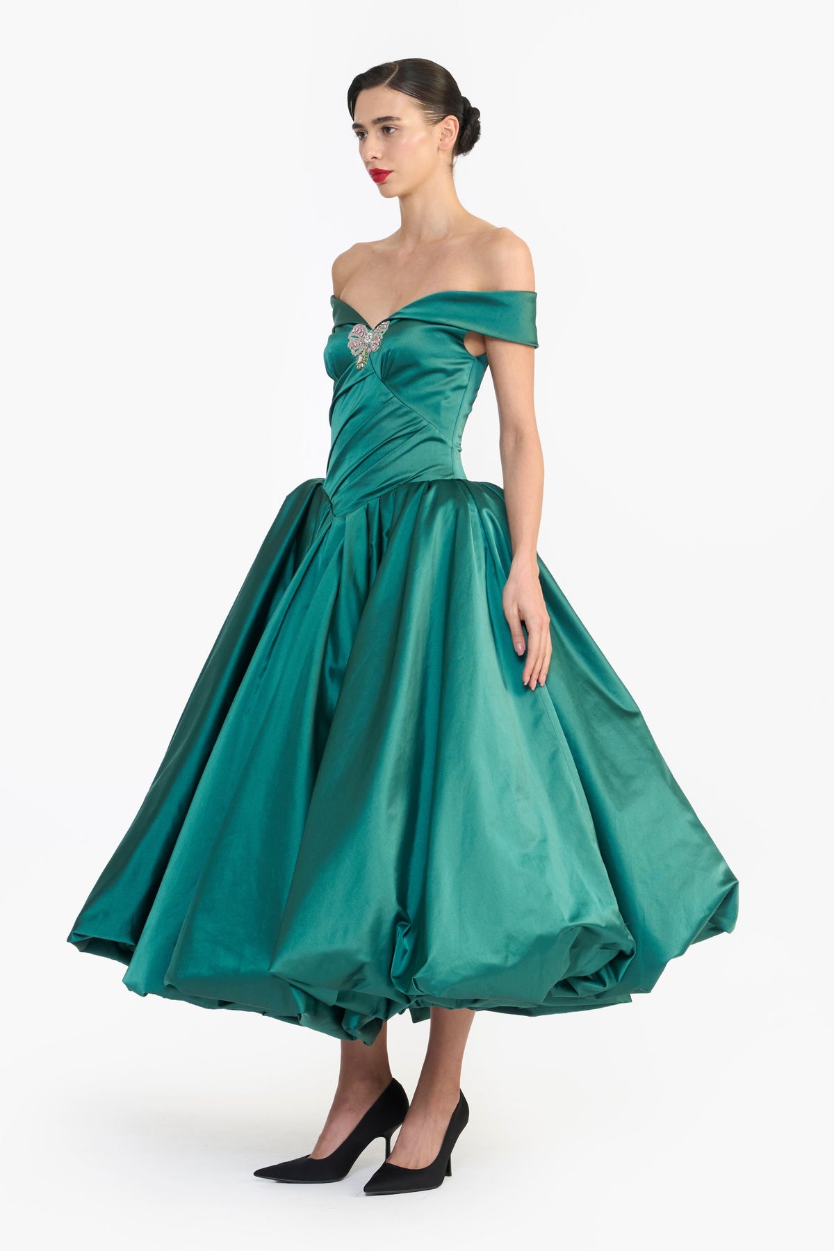 Off Shoulder Draped Balloon Midi