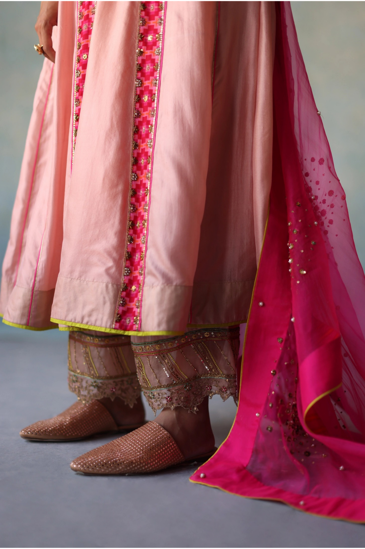 Gul Nude Pink Side Kali Silk Kurta Set