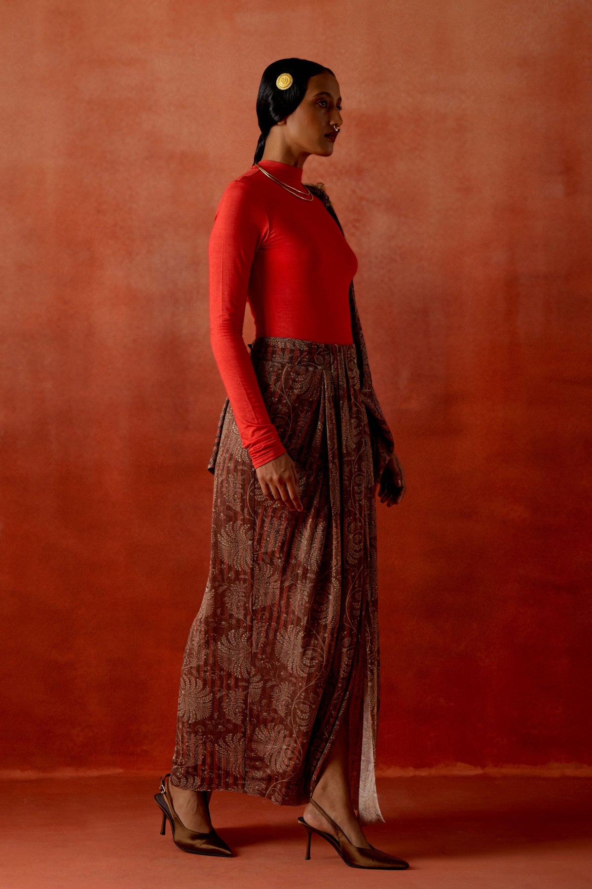 Wine Draped Sari Ensemble