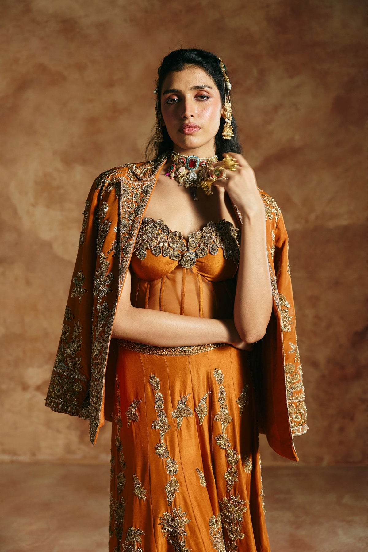 Orange Zardozi Sindh Jacket Set