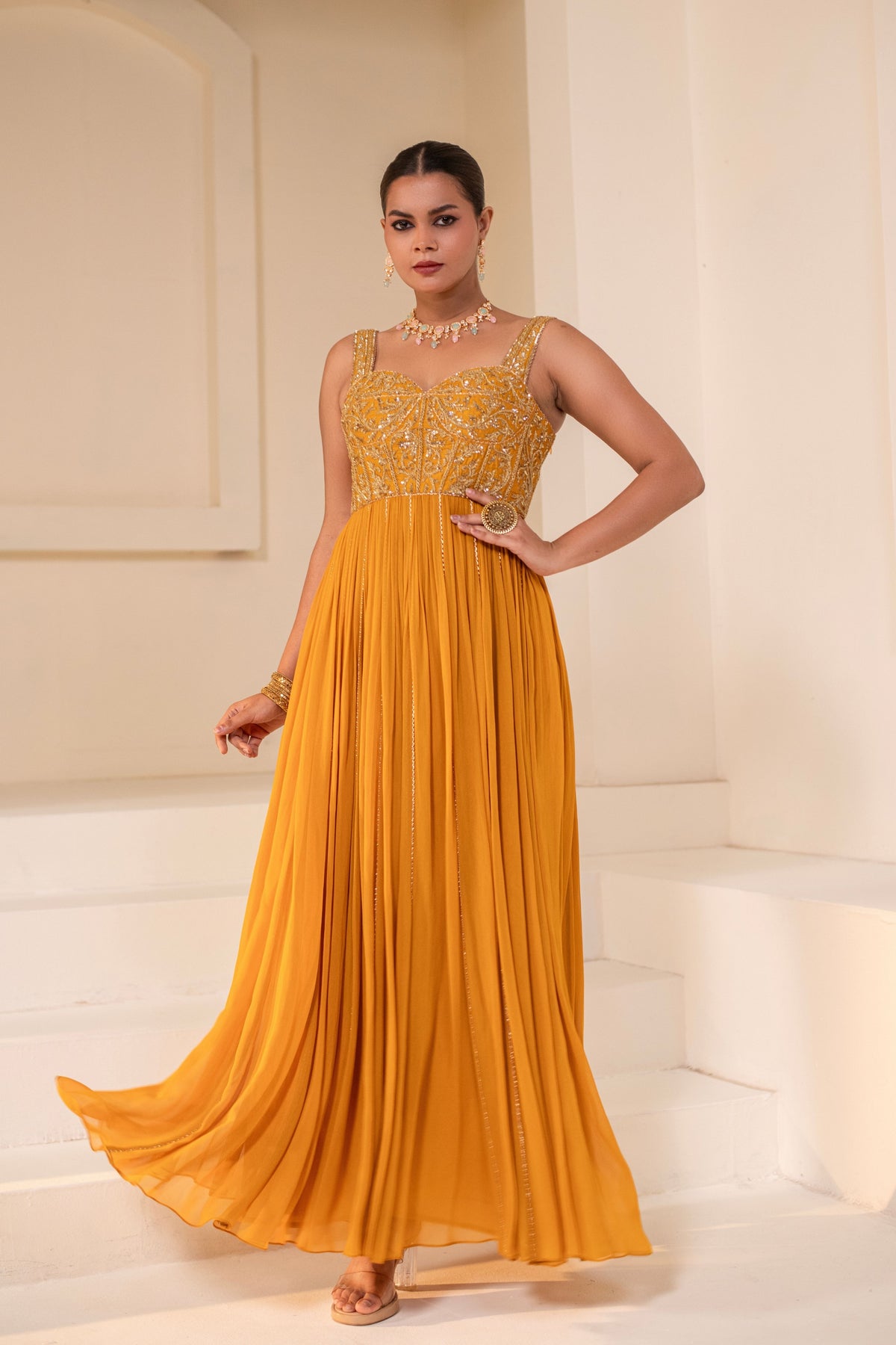 Mustard Yellow  Corset Anarkali