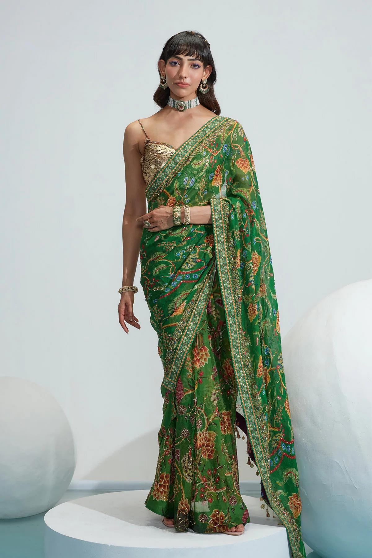 Subha Green Embroidered Draped Saree