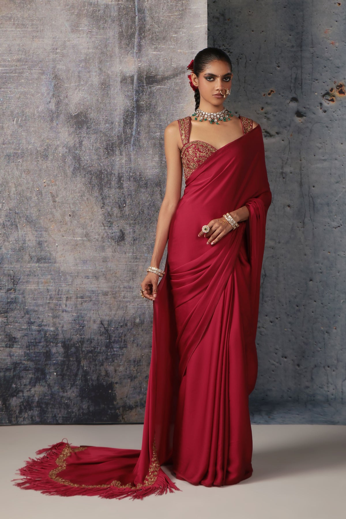 Maroon Heavy Fringe Saree Set