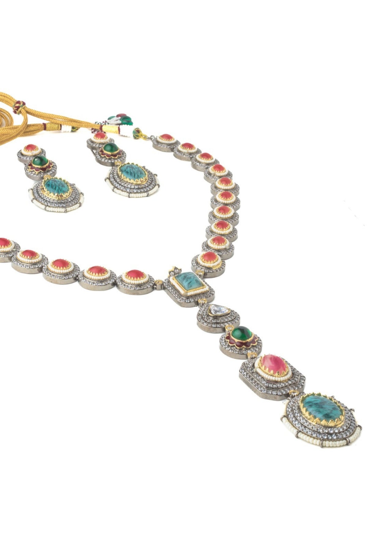Silver Plated Multicolored Stone Long Necklace Set