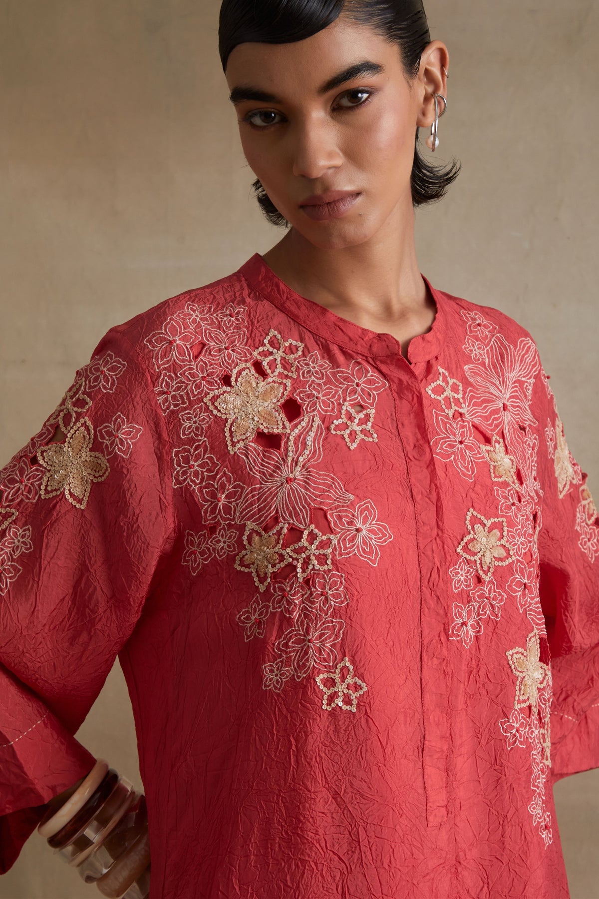 Tomato Floral Embroidered Kurta Set