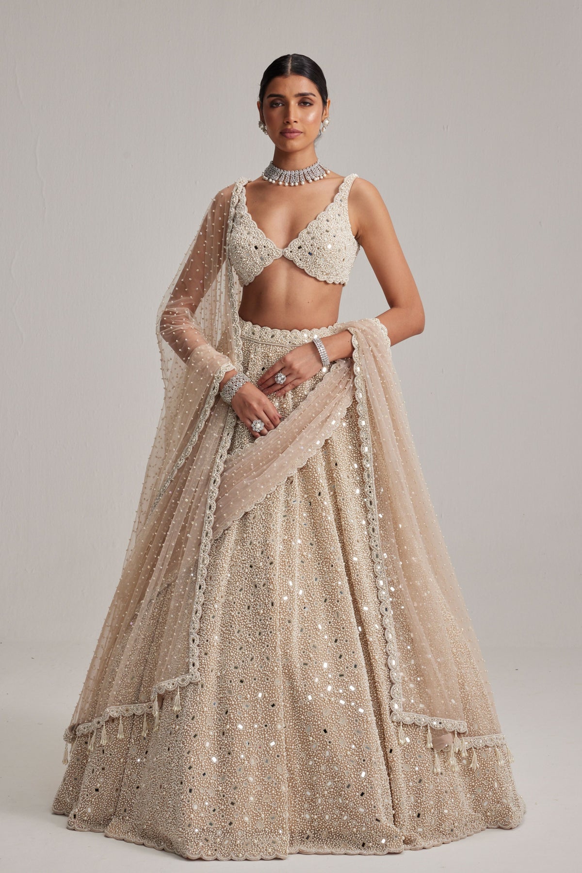 Light Beige Mirror and Pearl Lehenga Set