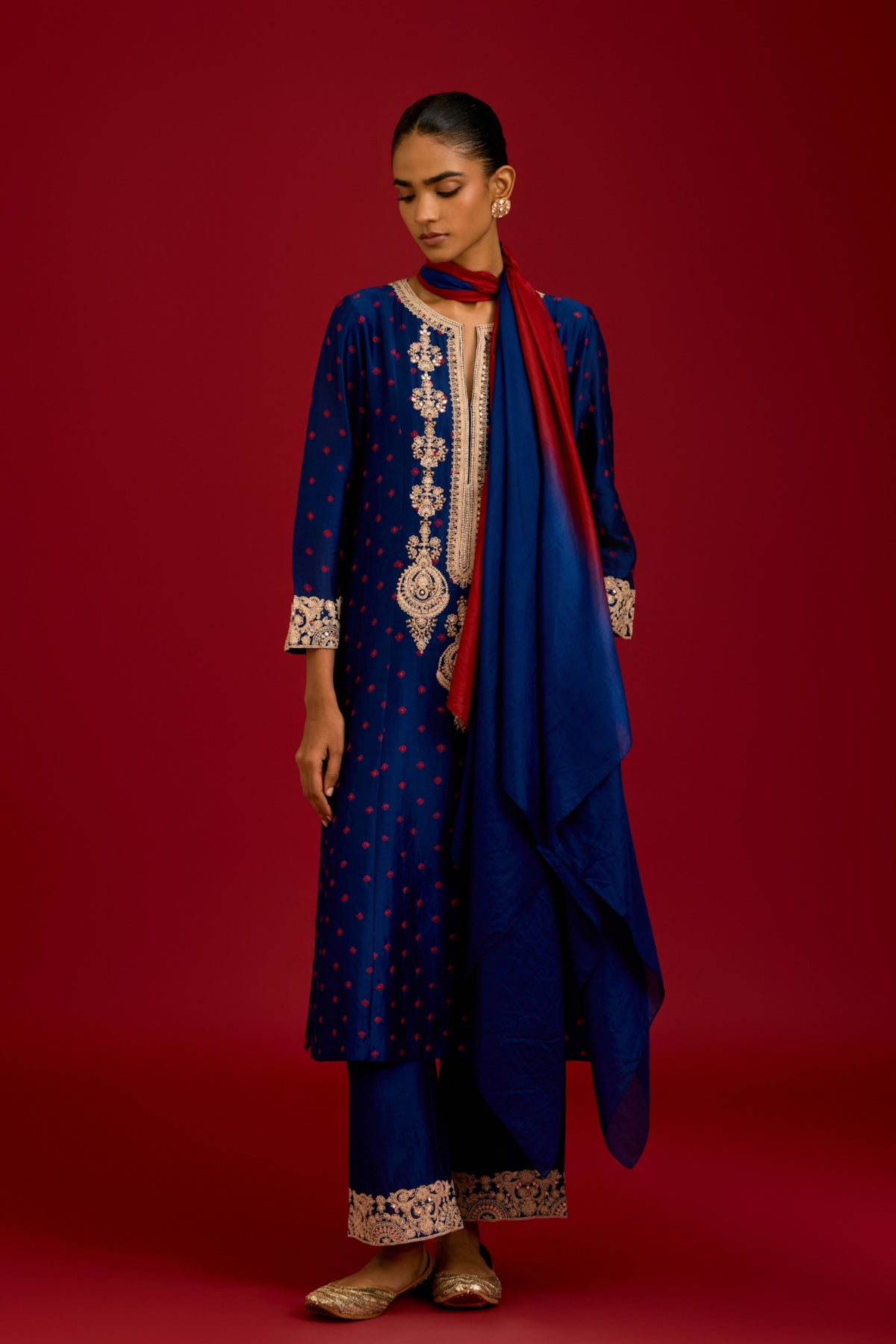 Navy Bhandhej Sequins Kurta Set