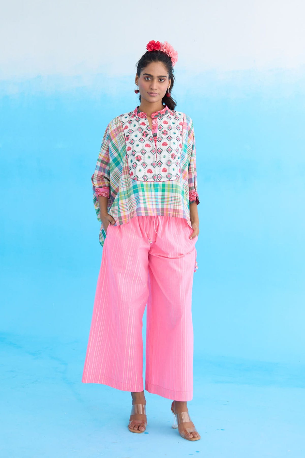 Blue Madras Checks Hi-low Top