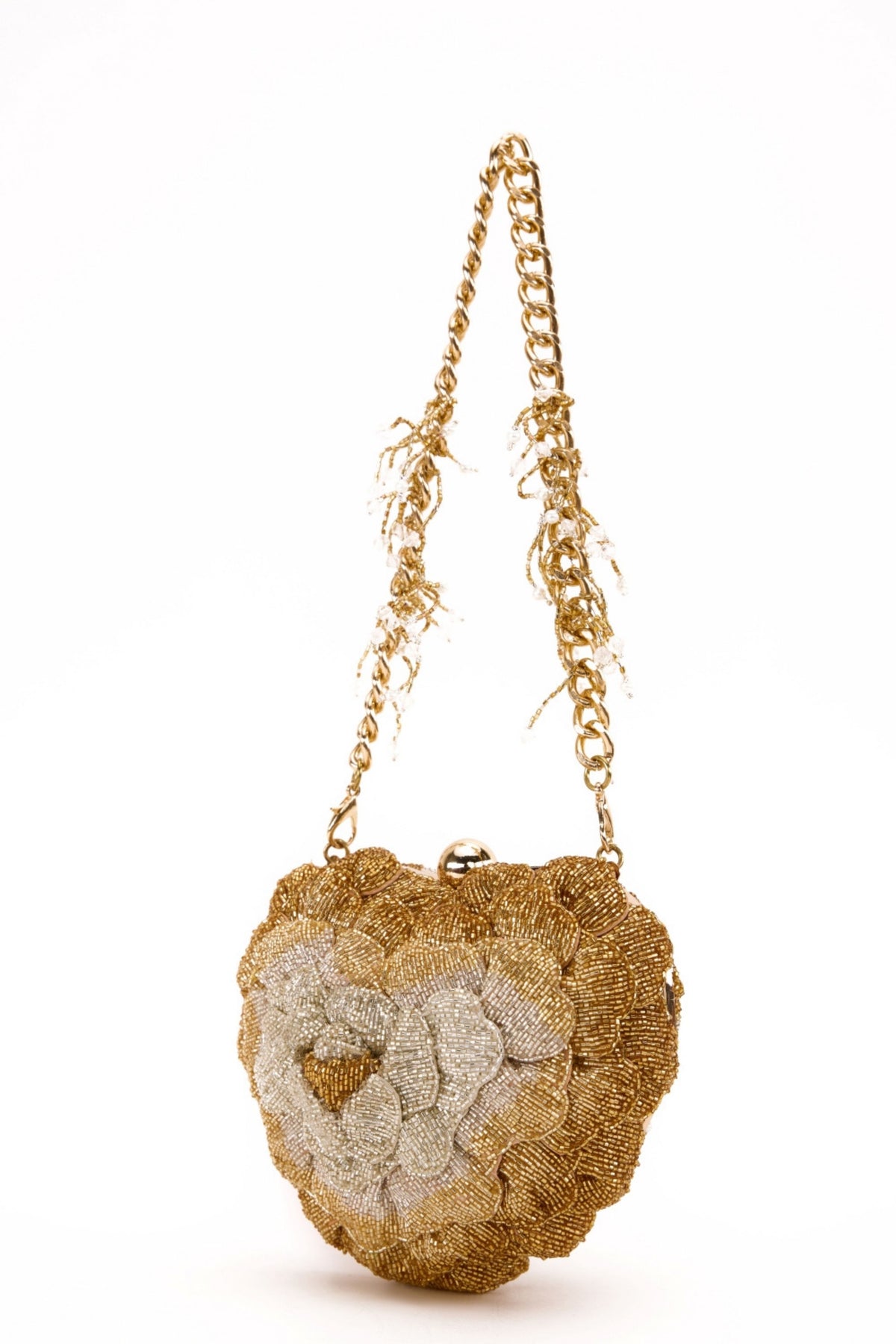 Isa Beaded Heart Clutch – Gold Silver
