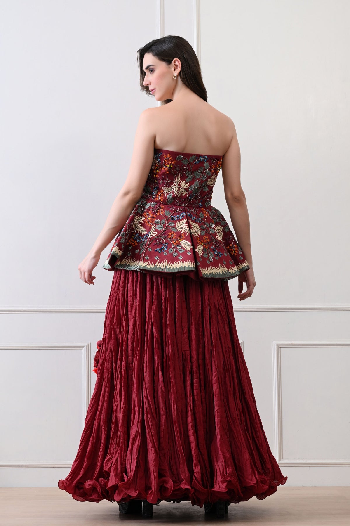 Maroon Strapless Peplum Skirt Set