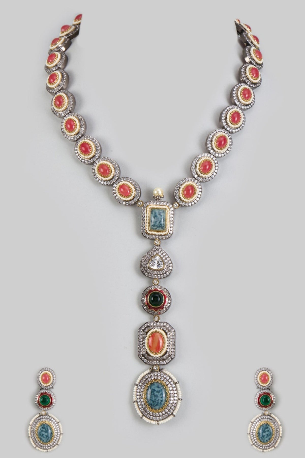 Silver Plated Multicolored Stone Long Necklace Set