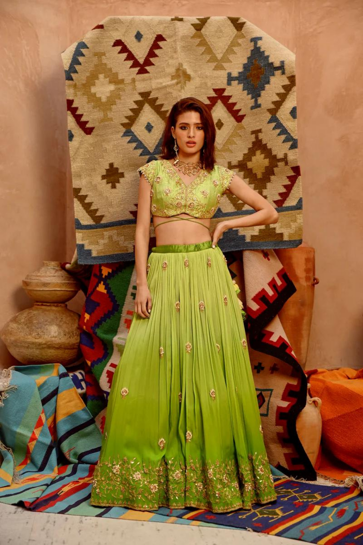 Green Ombre Ruched Lehenga Set