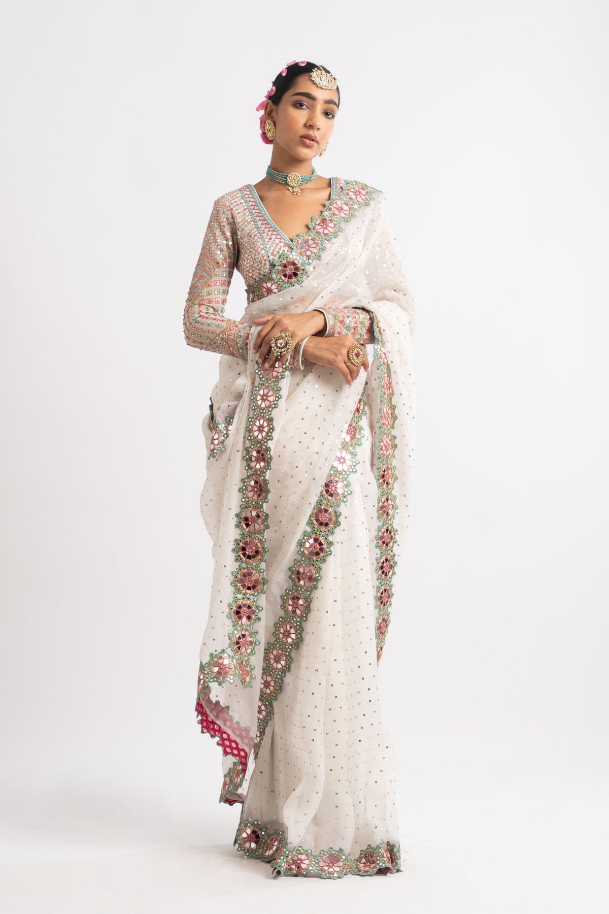 White mirror border saree set