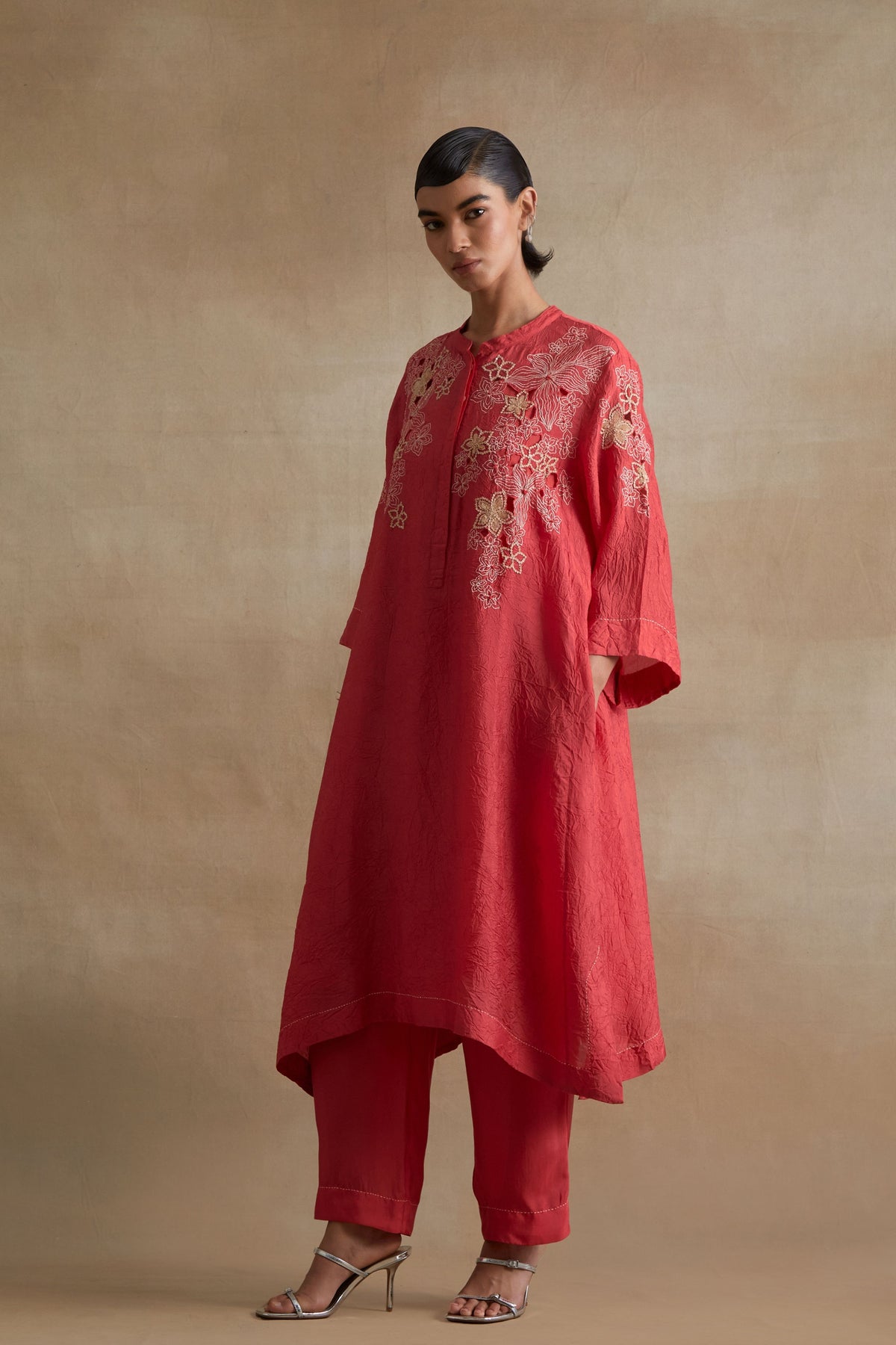 Tomato Floral Embroidered Kurta Set