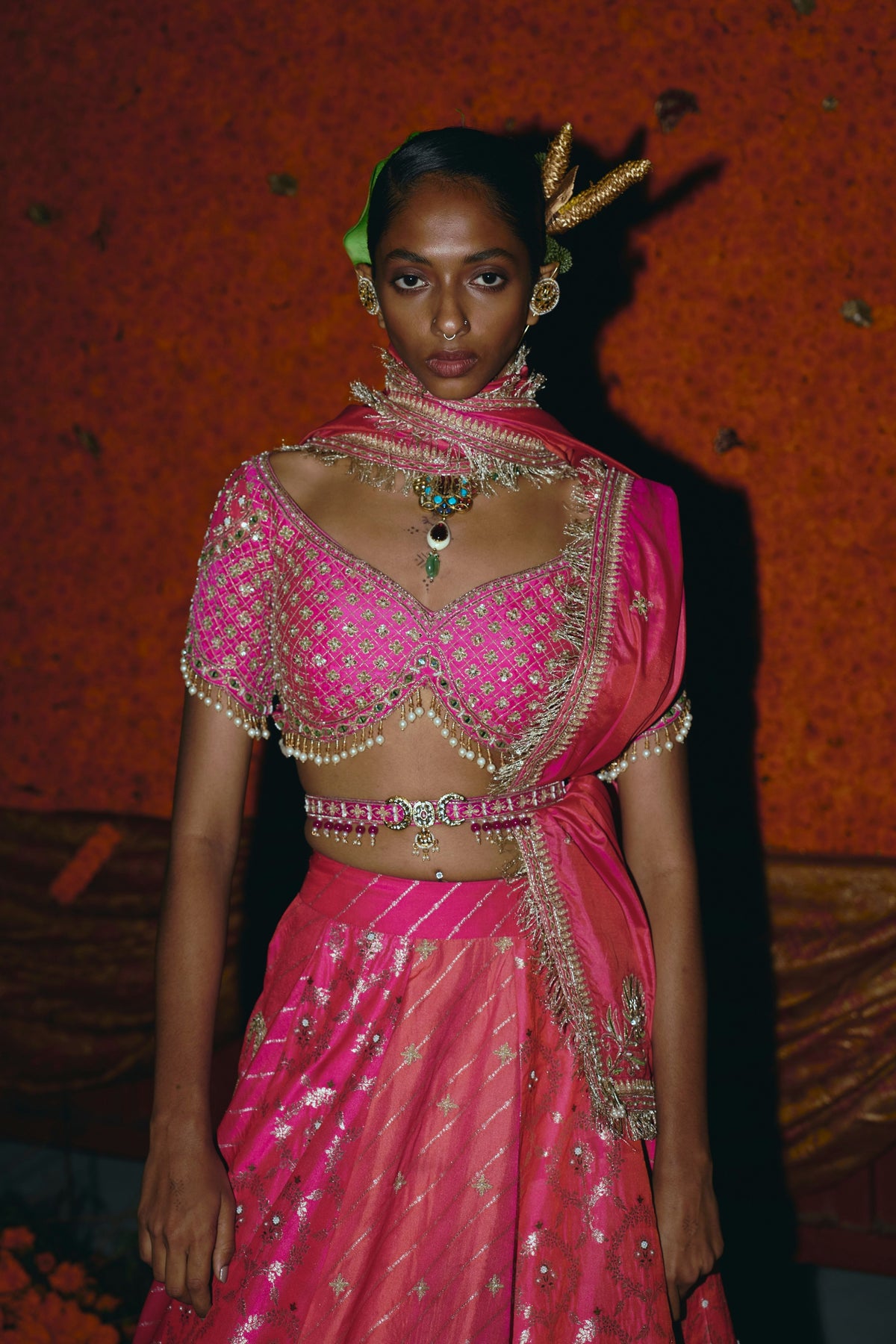 Panelled  Silk Banarsi Lehenga Set