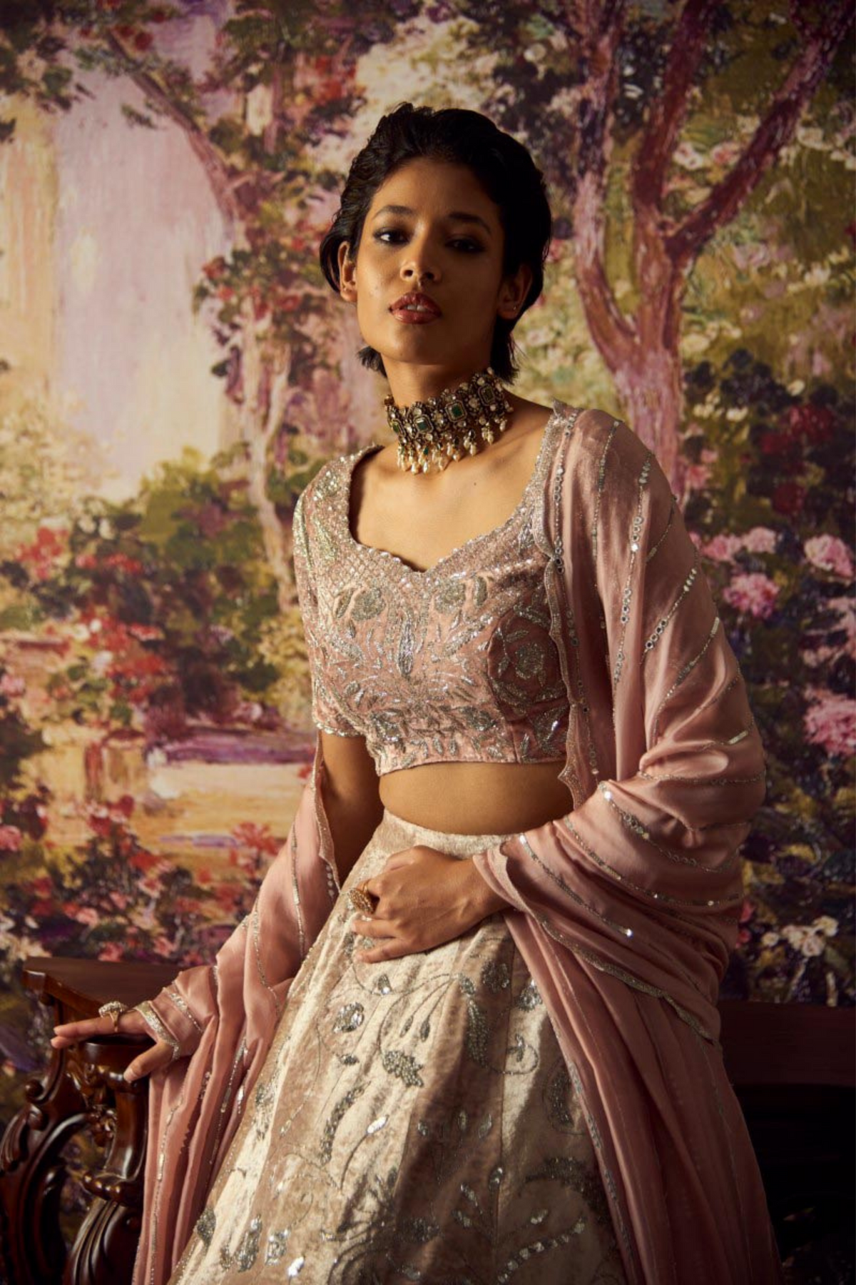 Beige Velvet Lehenga Set
