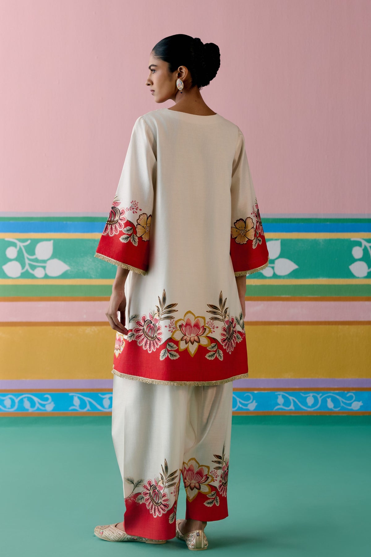 Ecru Red Floral Kurta Set