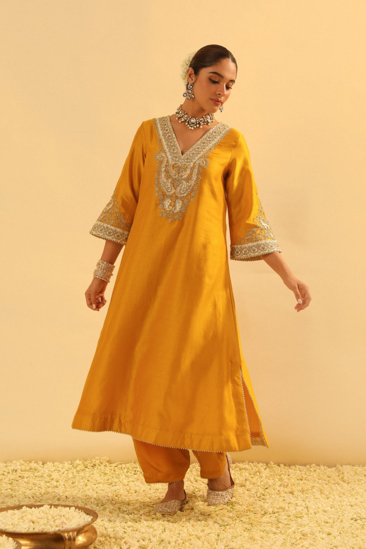 Shazana Mustard Long A-line Choga With Salwar