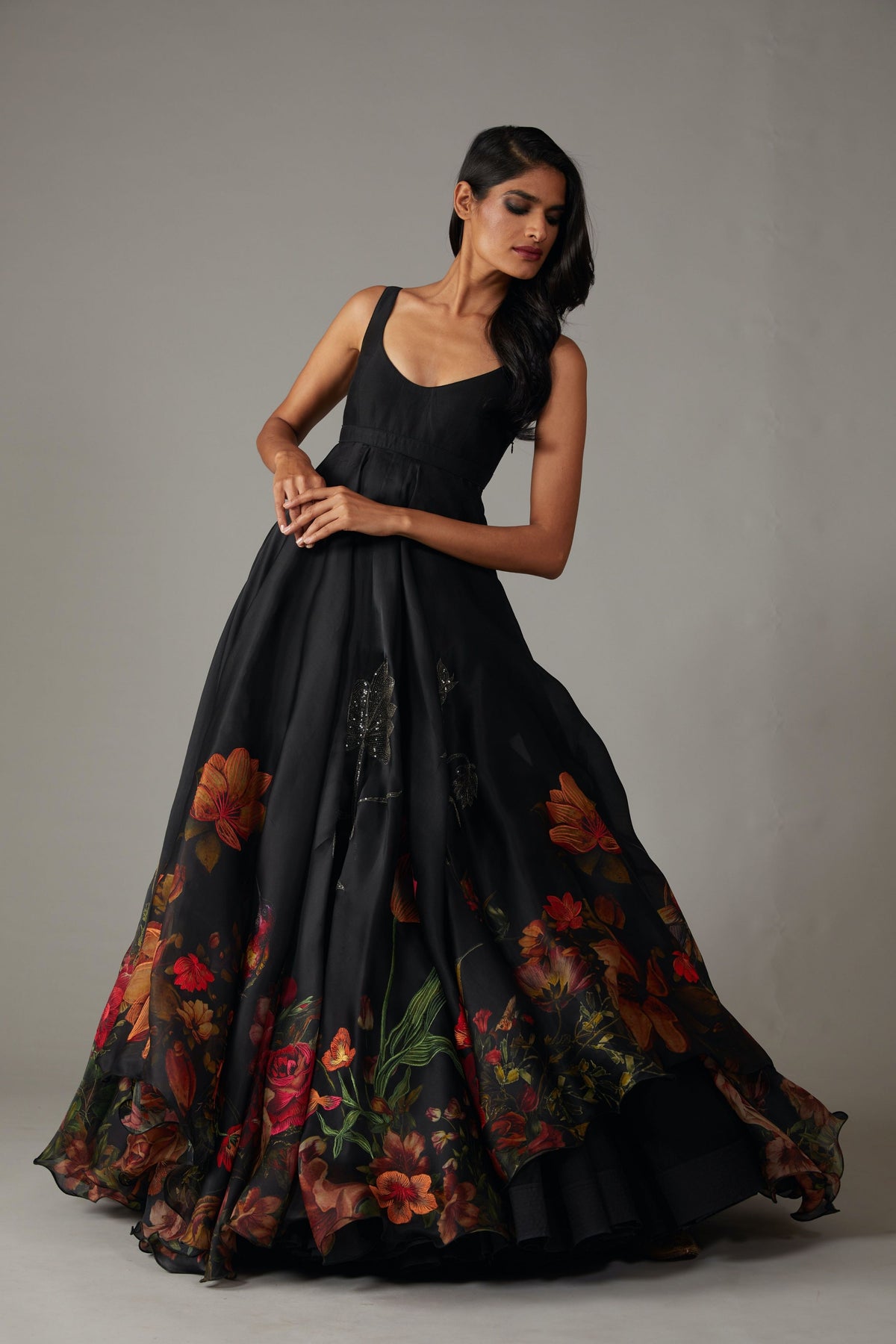 Multicolour Print Black Anarkali Set