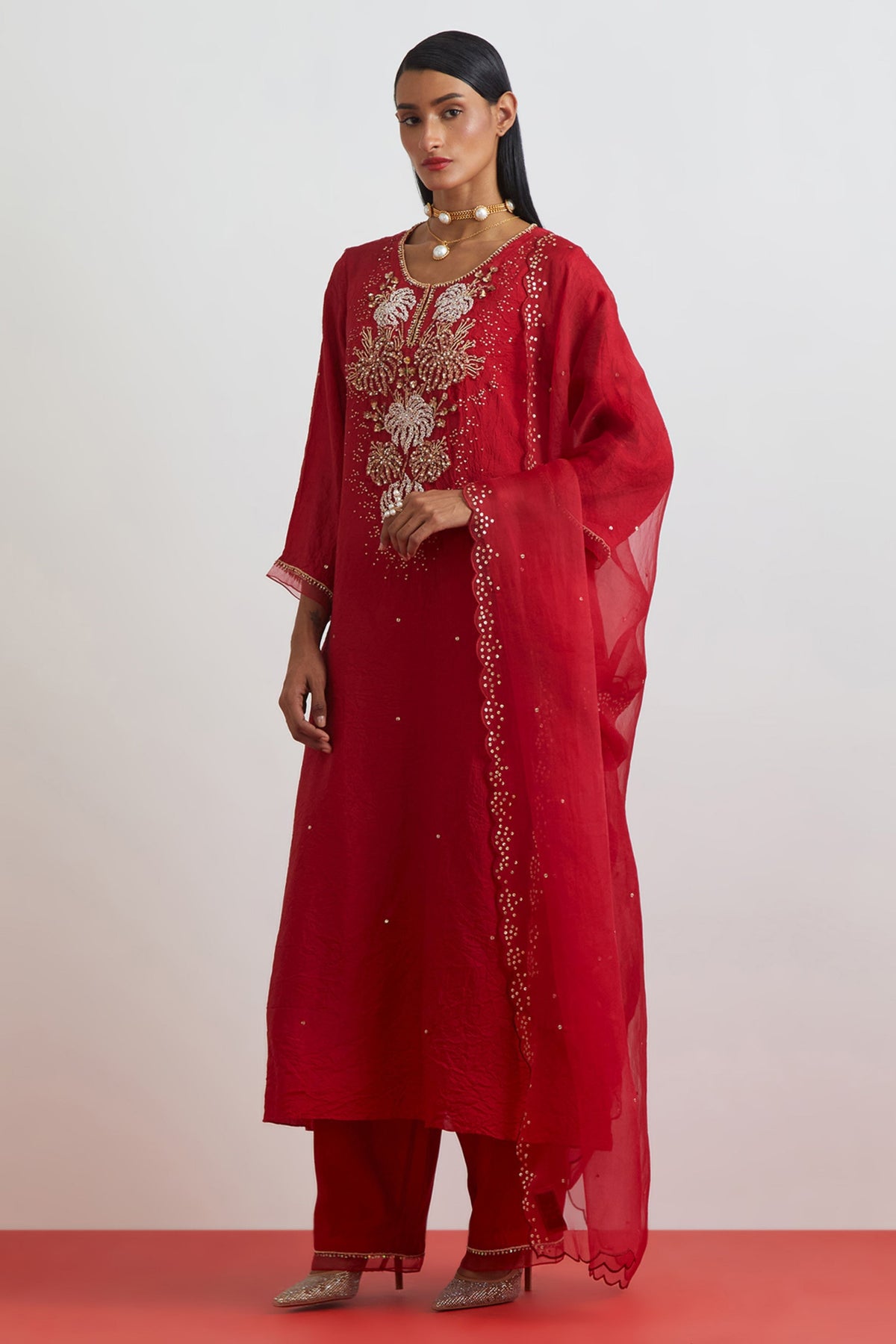 Sequin Scallop Ruby Organza Dupatta