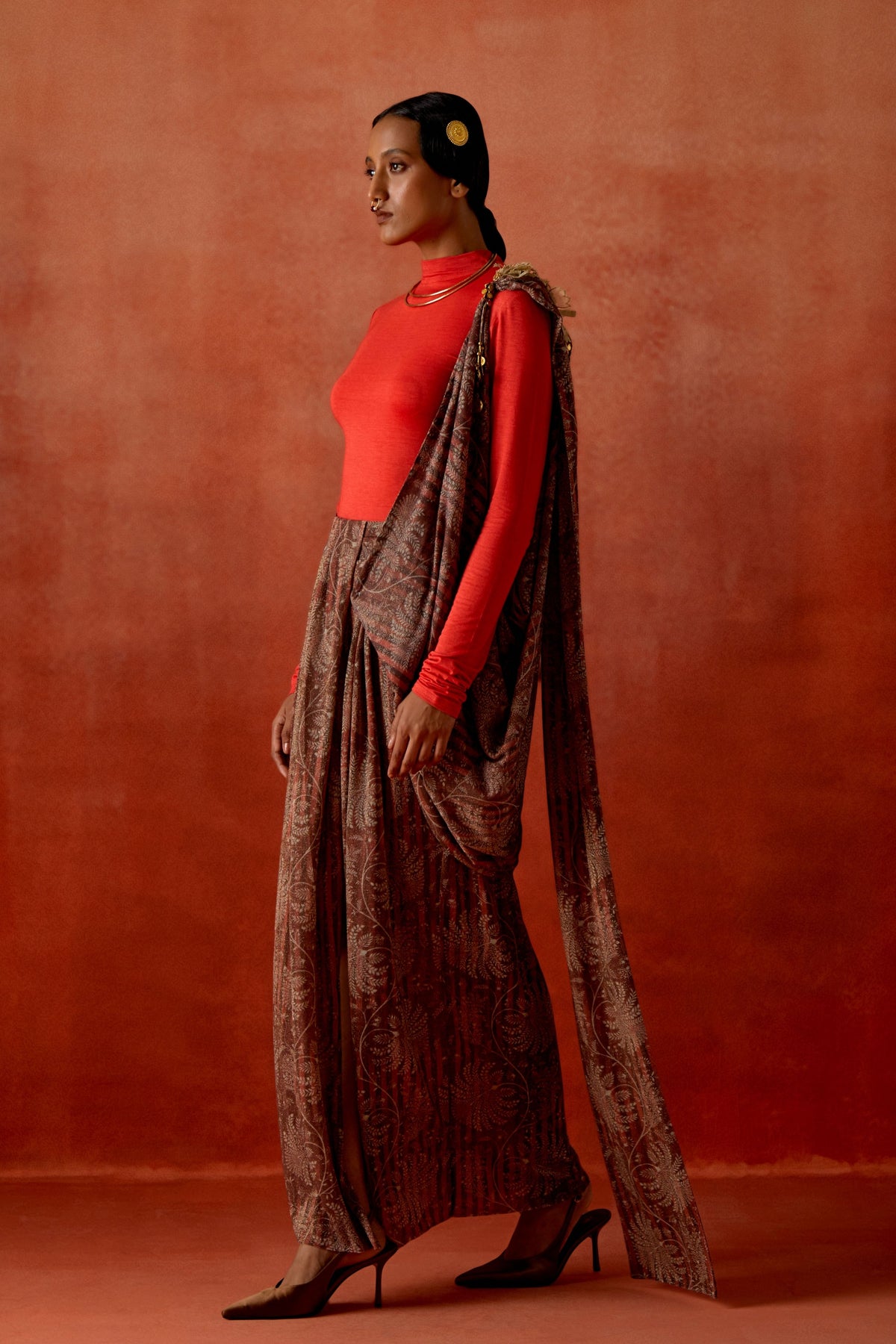 Wine Draped Sari Ensemble