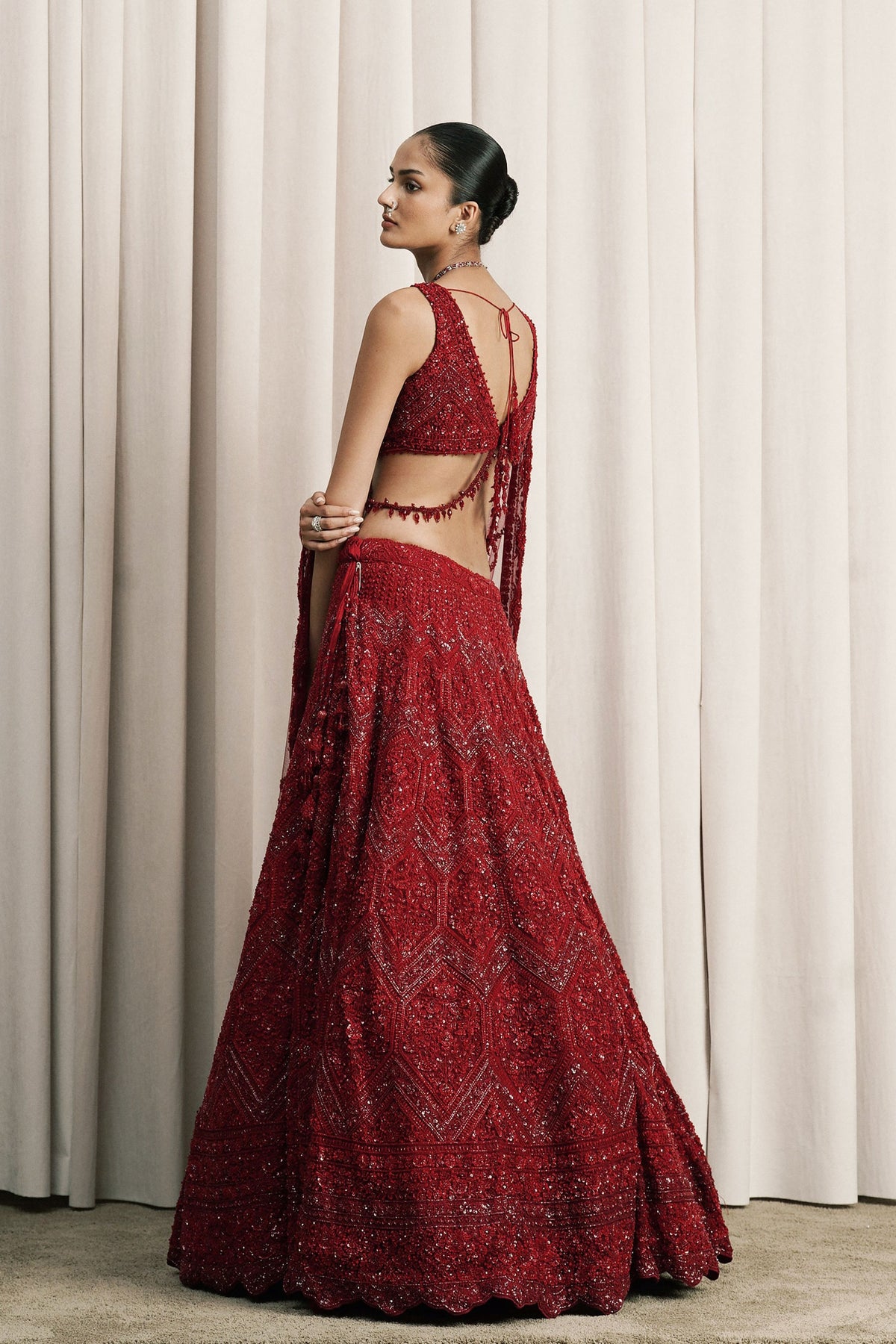 Red Crystal Embroidered Lehenga Set