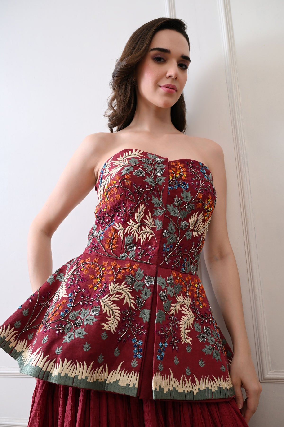 Maroon Strapless Peplum Skirt Set