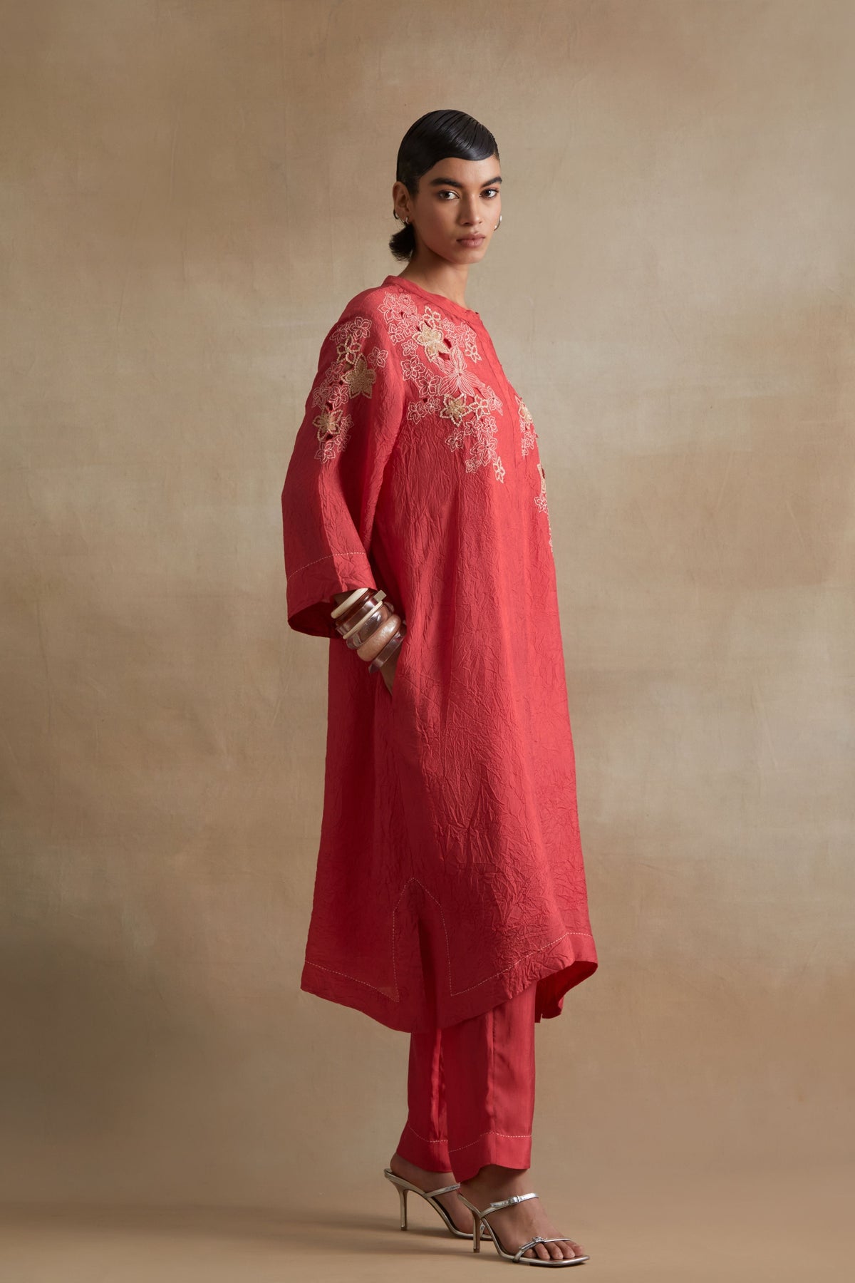 Tomato Floral Embroidered Kurta Set