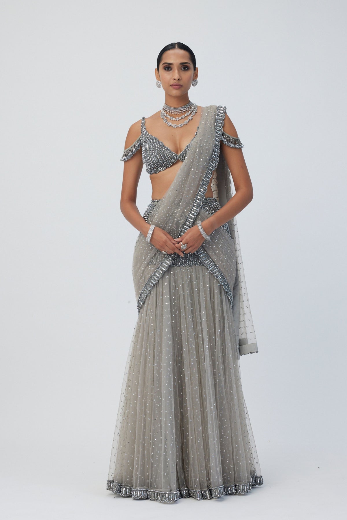Grey Sequin Pre Draped Saree Set
