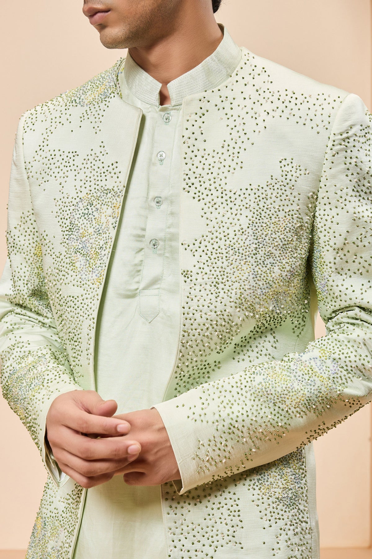 Green Pearl Open Bandhgala Set