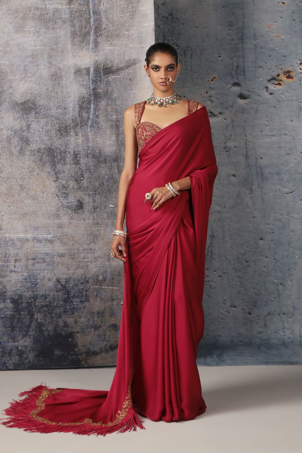 Maroon Heavy Fringe Saree Set