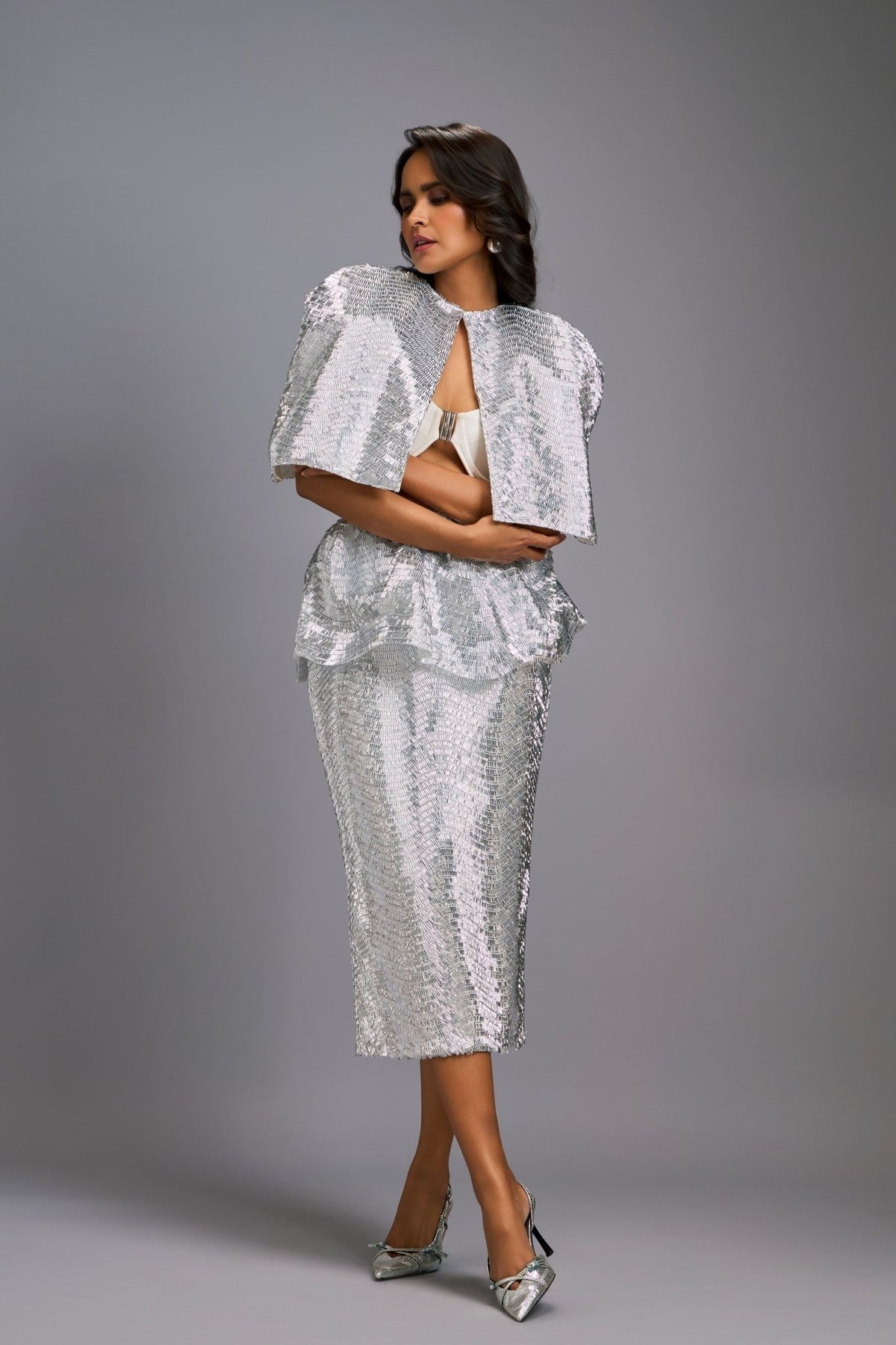 Shimmer Embroidered Silver Midi Skirt