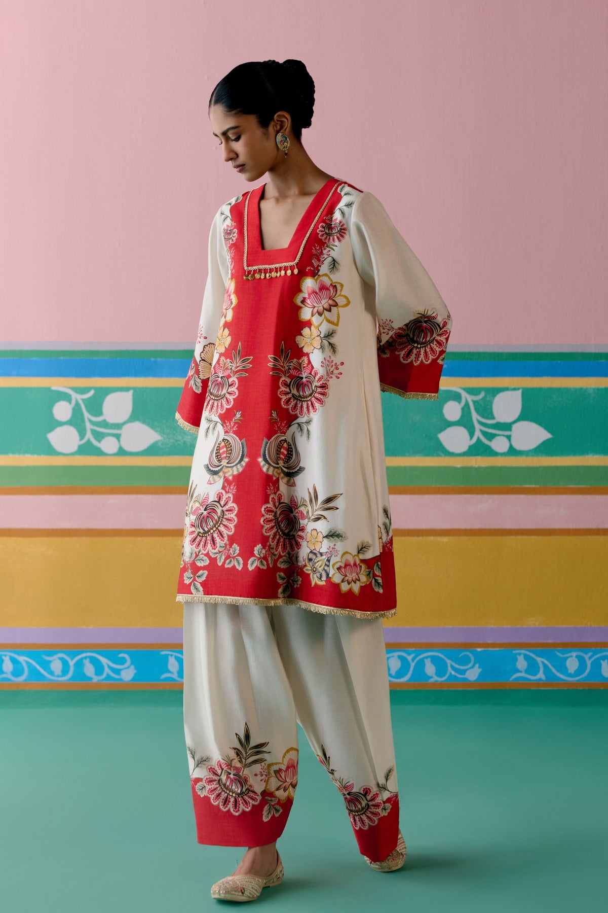 Ecru Red Floral Kurta Set