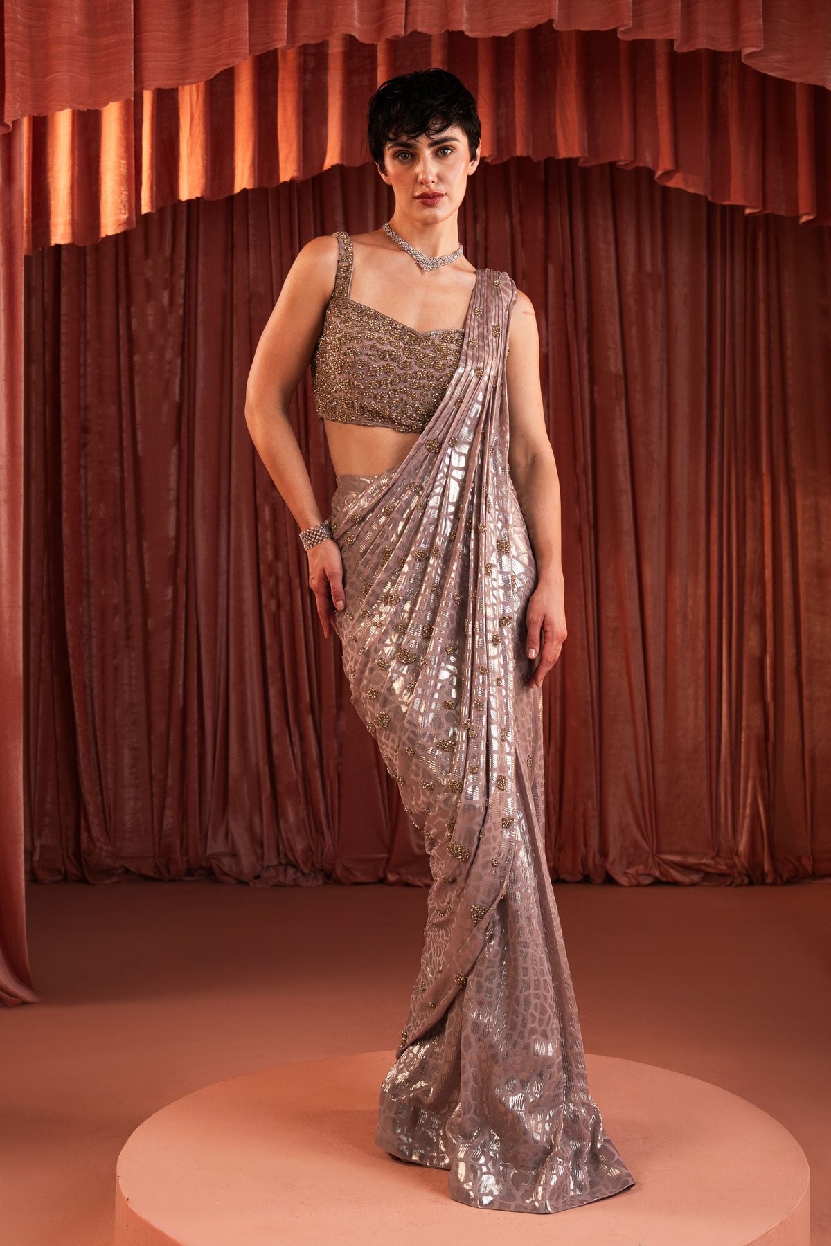 Pink Sequin Metallic Draped Saree Set
