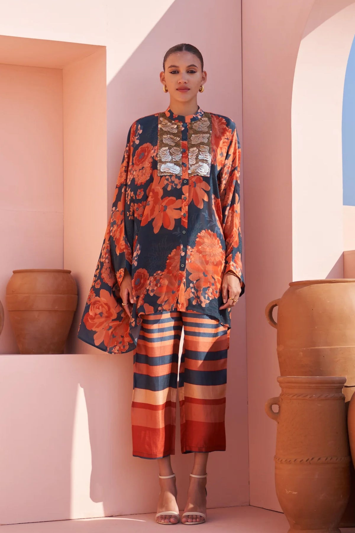 Navy Moroccan Coin Yoke Co-ord Set