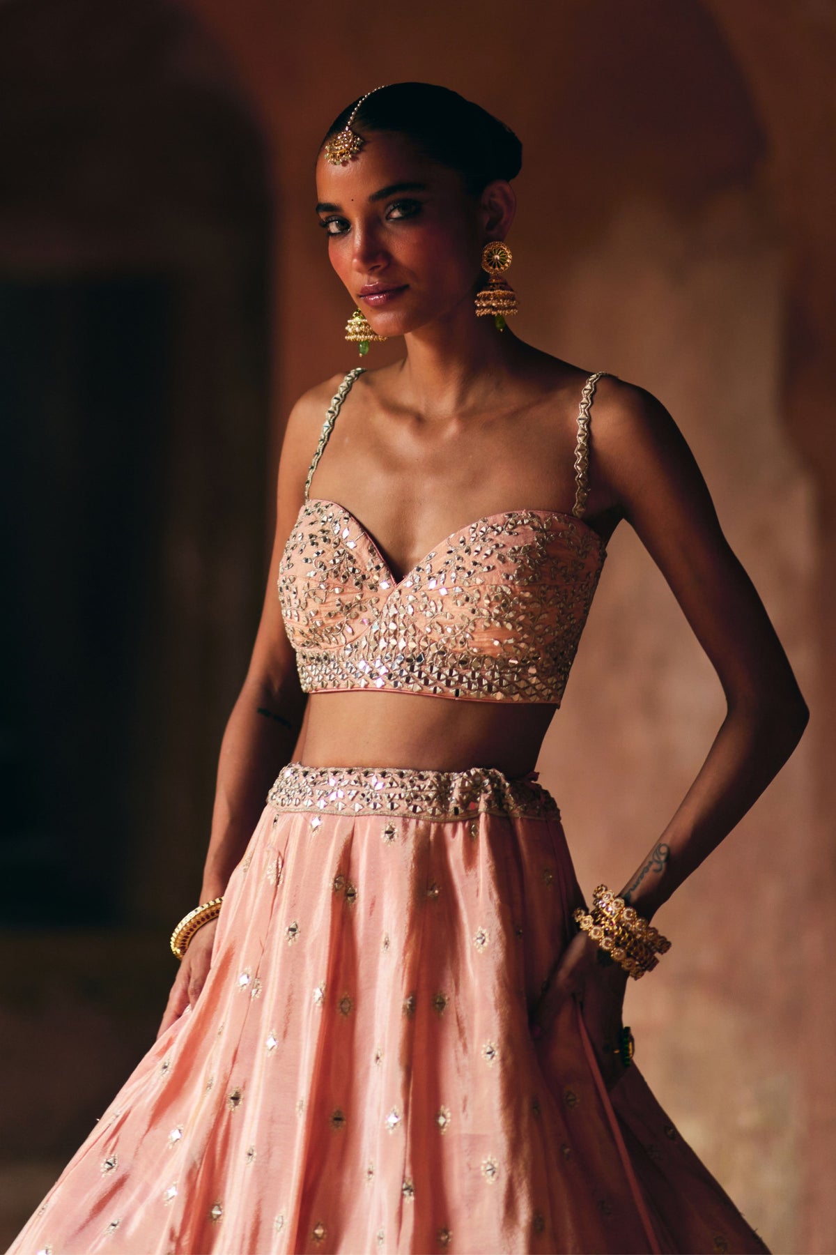 Peach Tissue Lehenga Set