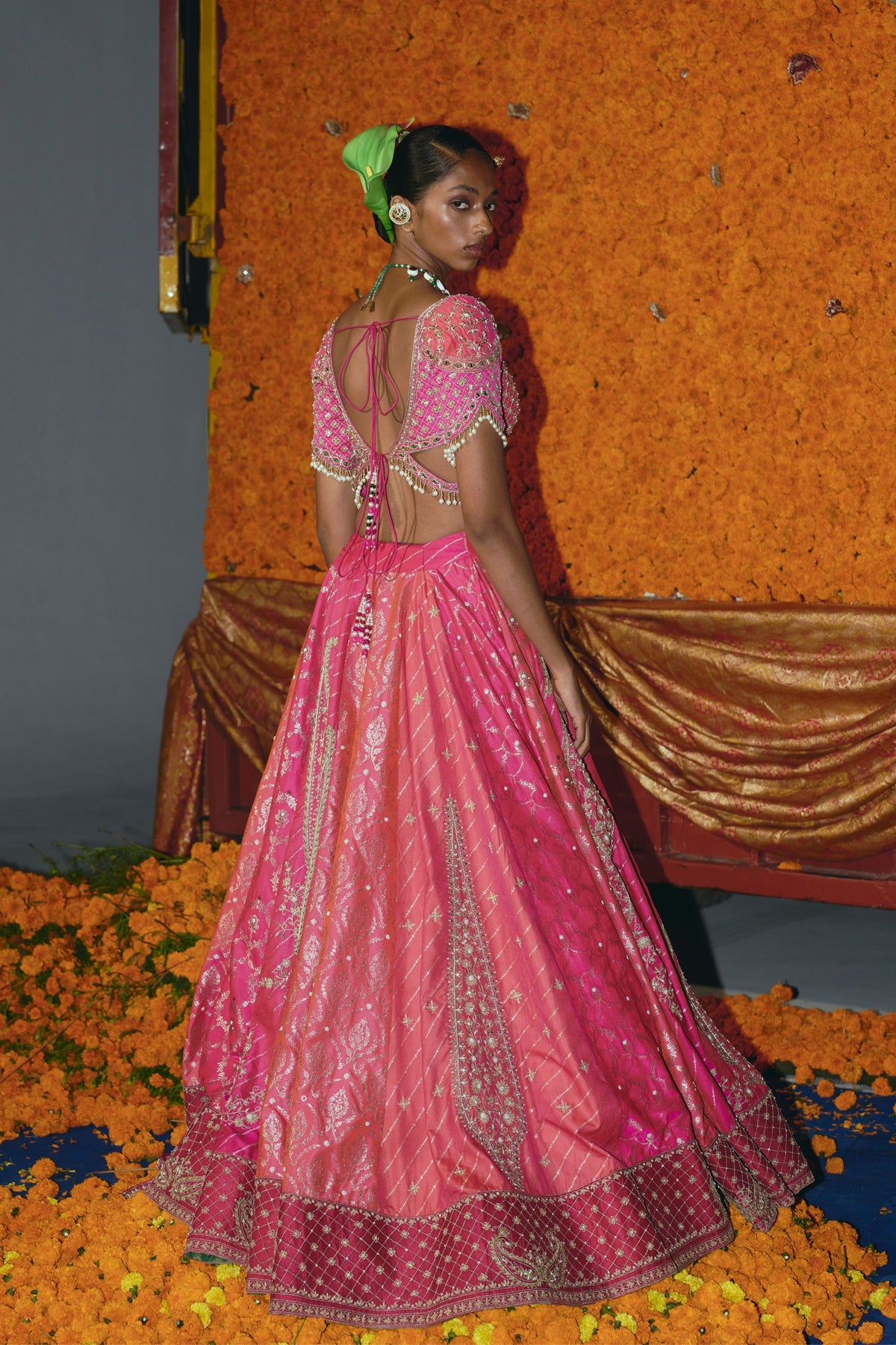Panelled  Silk Banarsi Lehenga Set