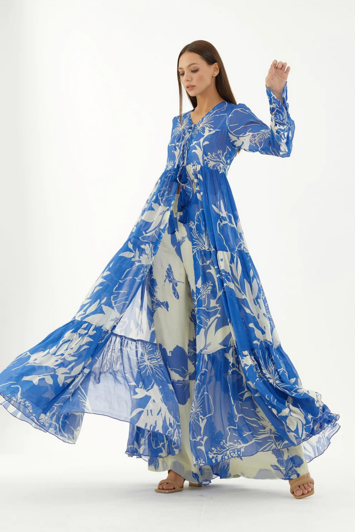 Blue And White Floral Three Layer Front Open Cape