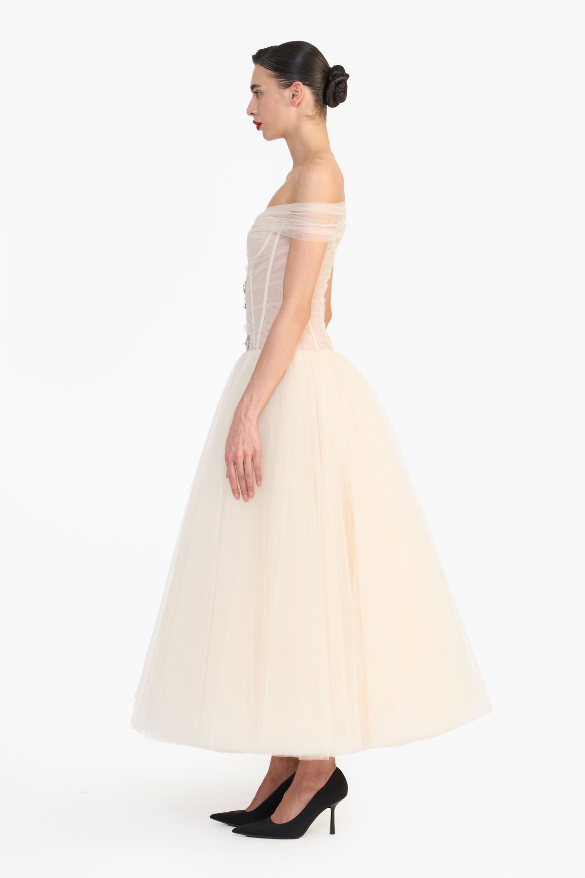 Off Shoulder Crystal Bow Midi