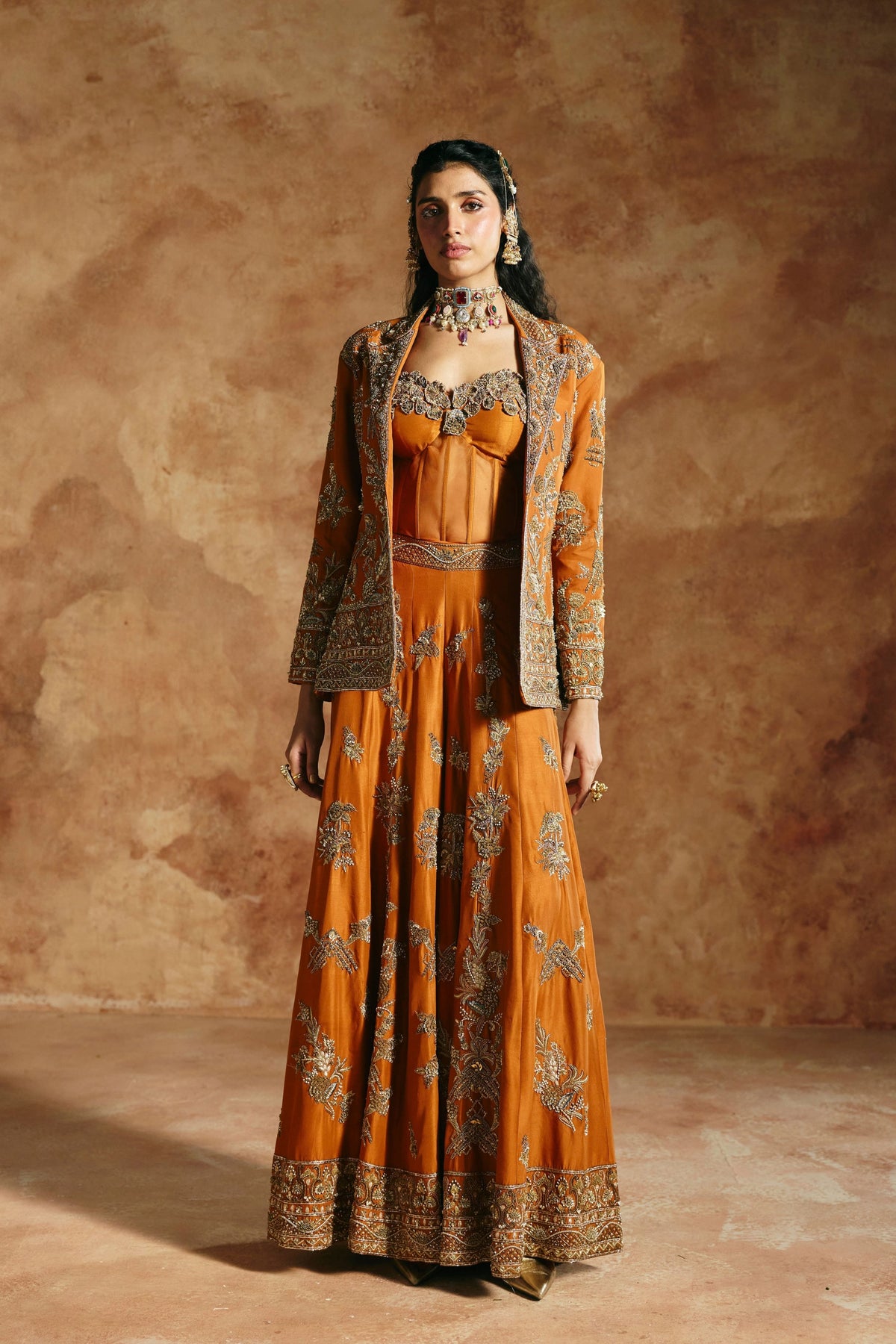 Orange Sindh Multicoloured Corset Set
