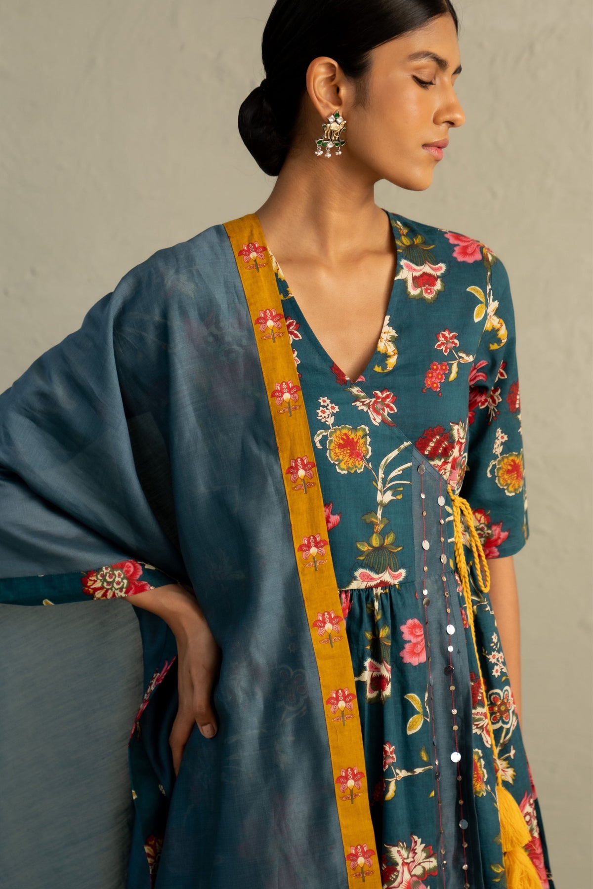 Teal Angrakha Straight Kurta Set