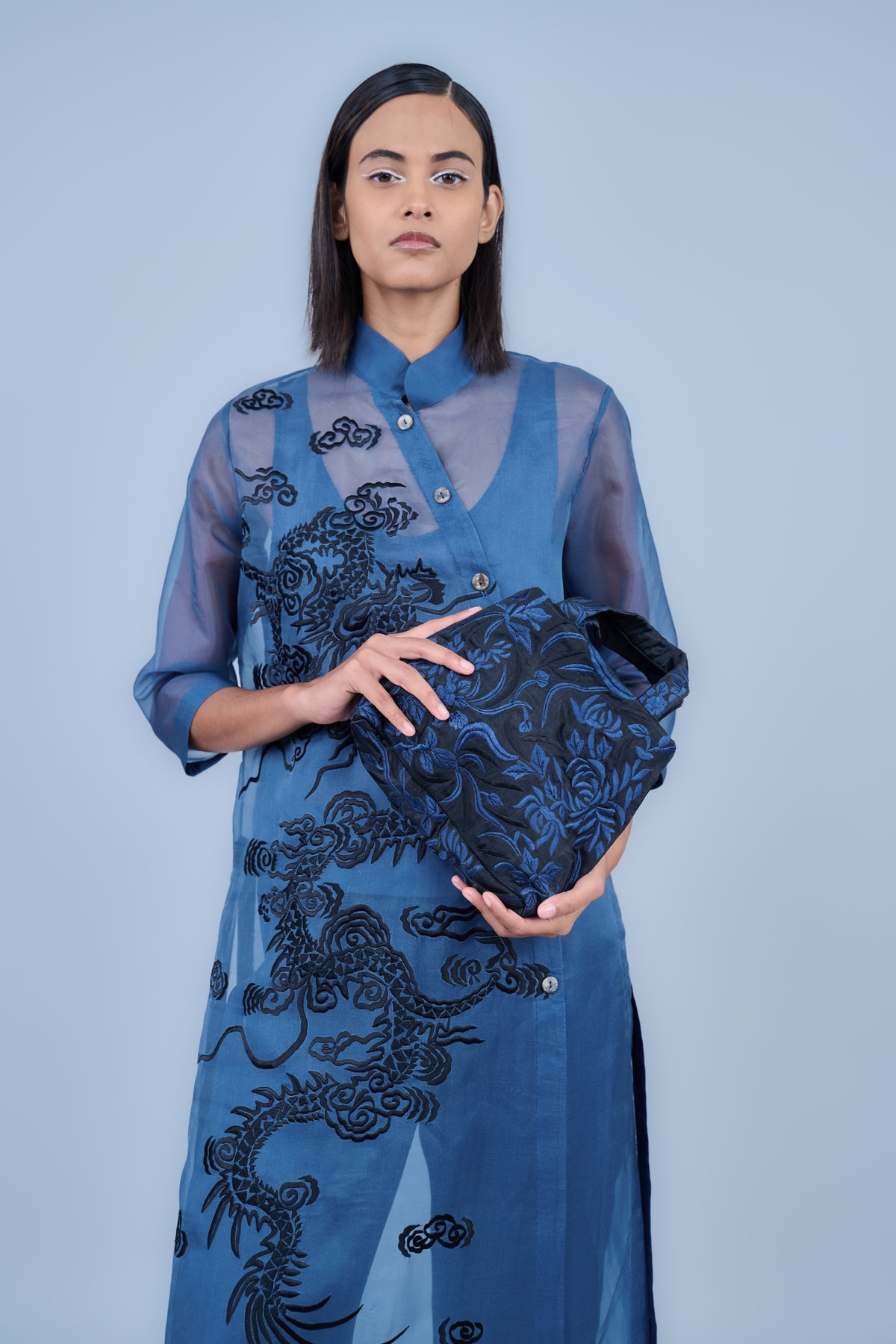 Blue Black Satin Threadwork Bag