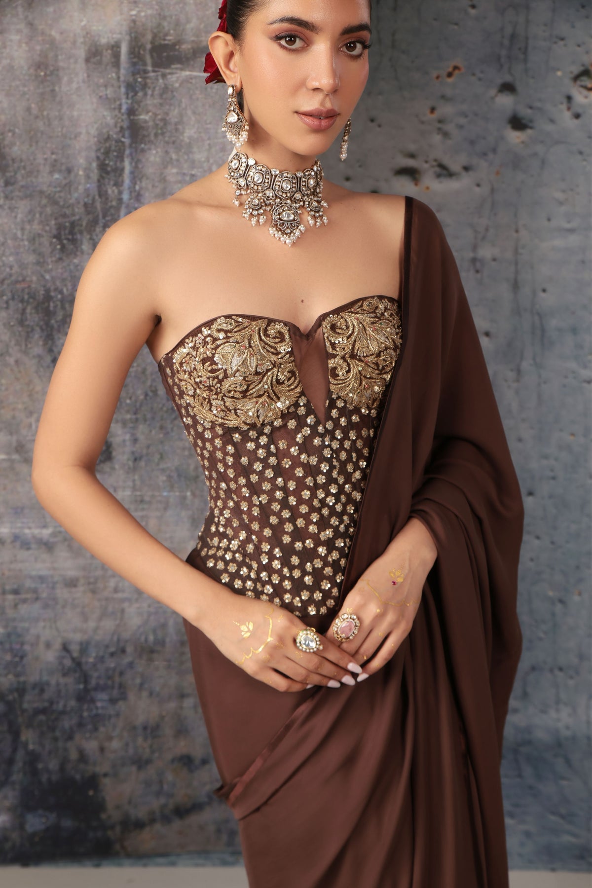 Brown Corset Saree Set