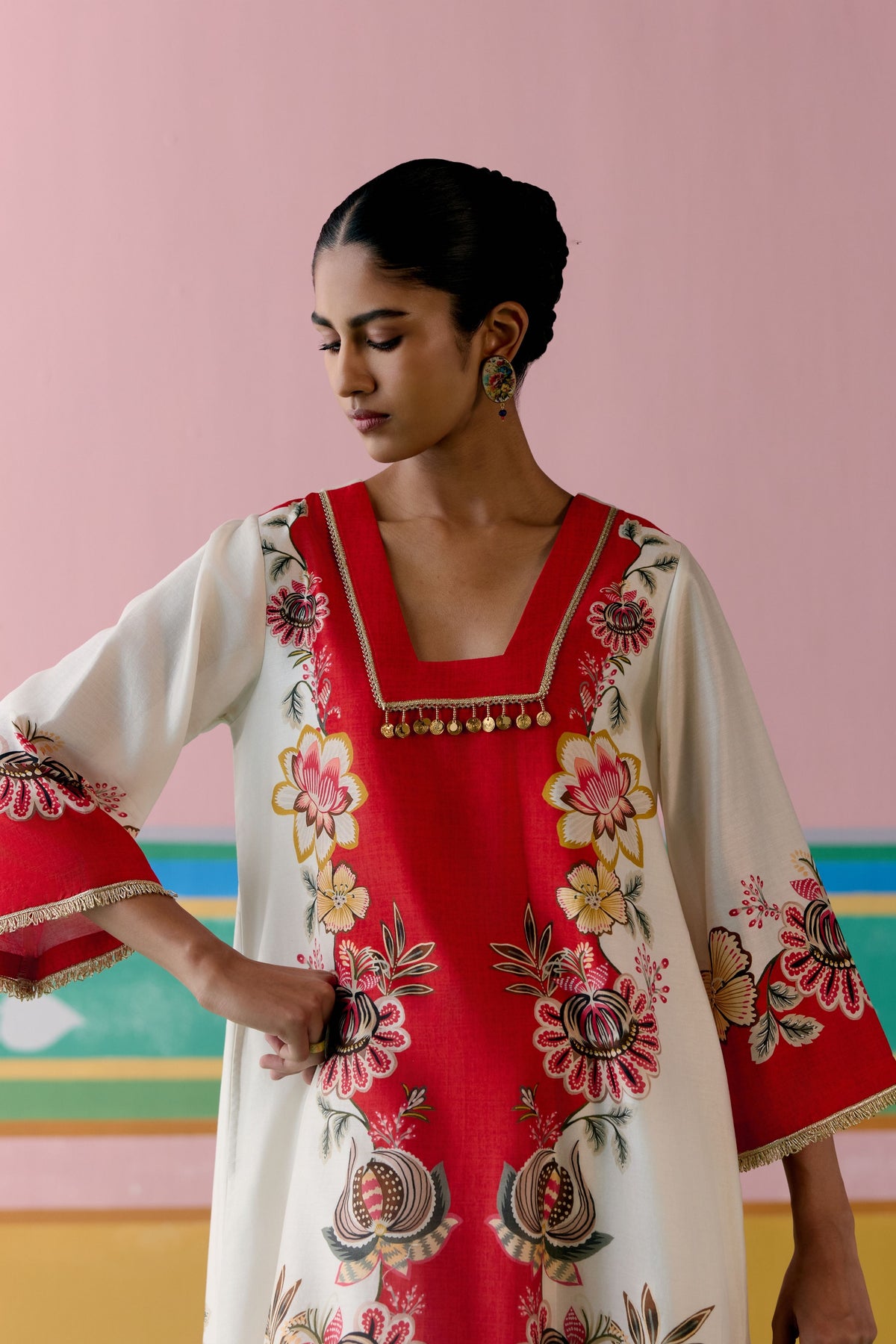 Ecru Red Floral Kurta Set