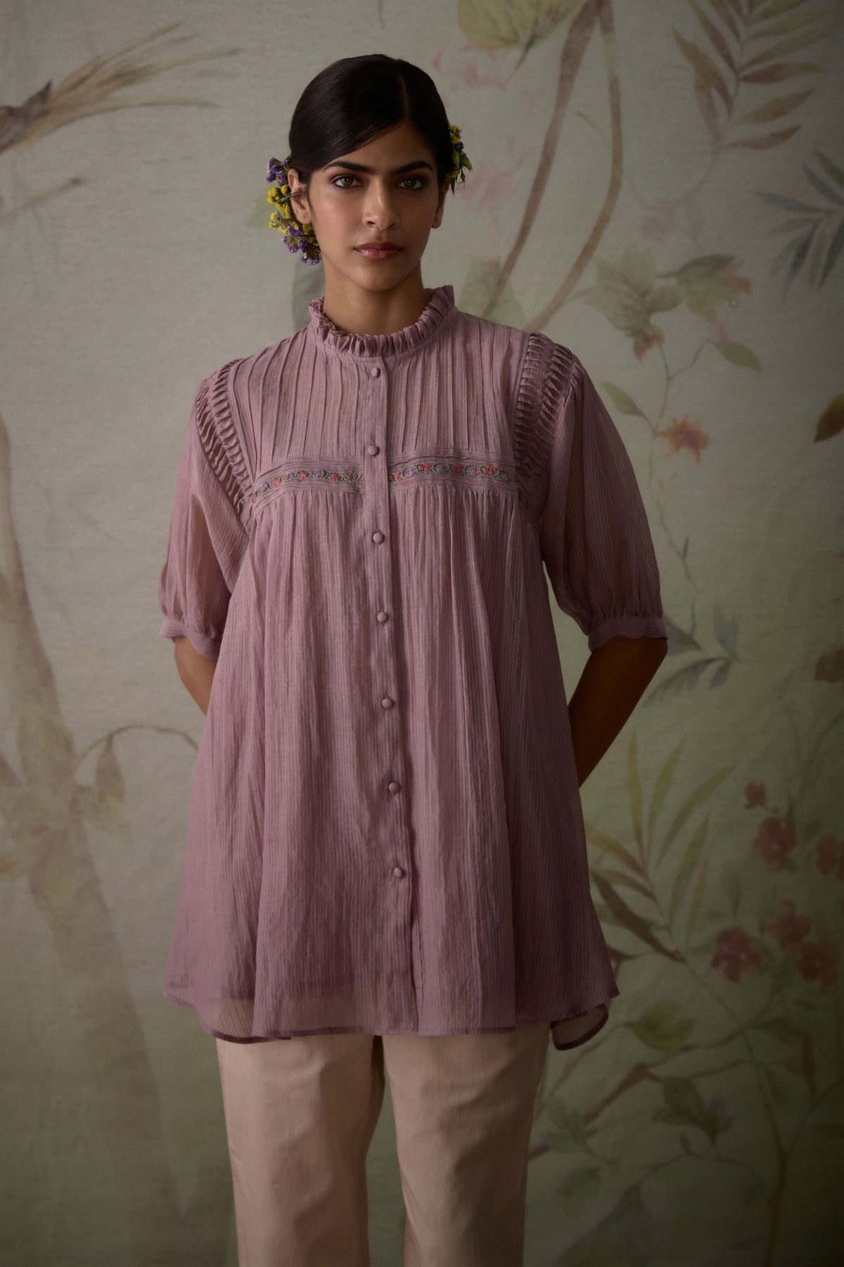 Mauve Pintuck Short Tunic Set