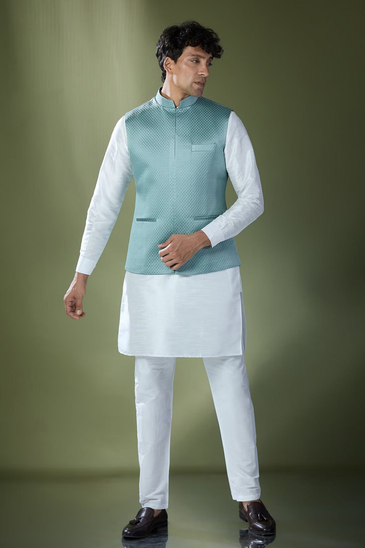 Teal Blue Quilted Nehru Jacket Set
