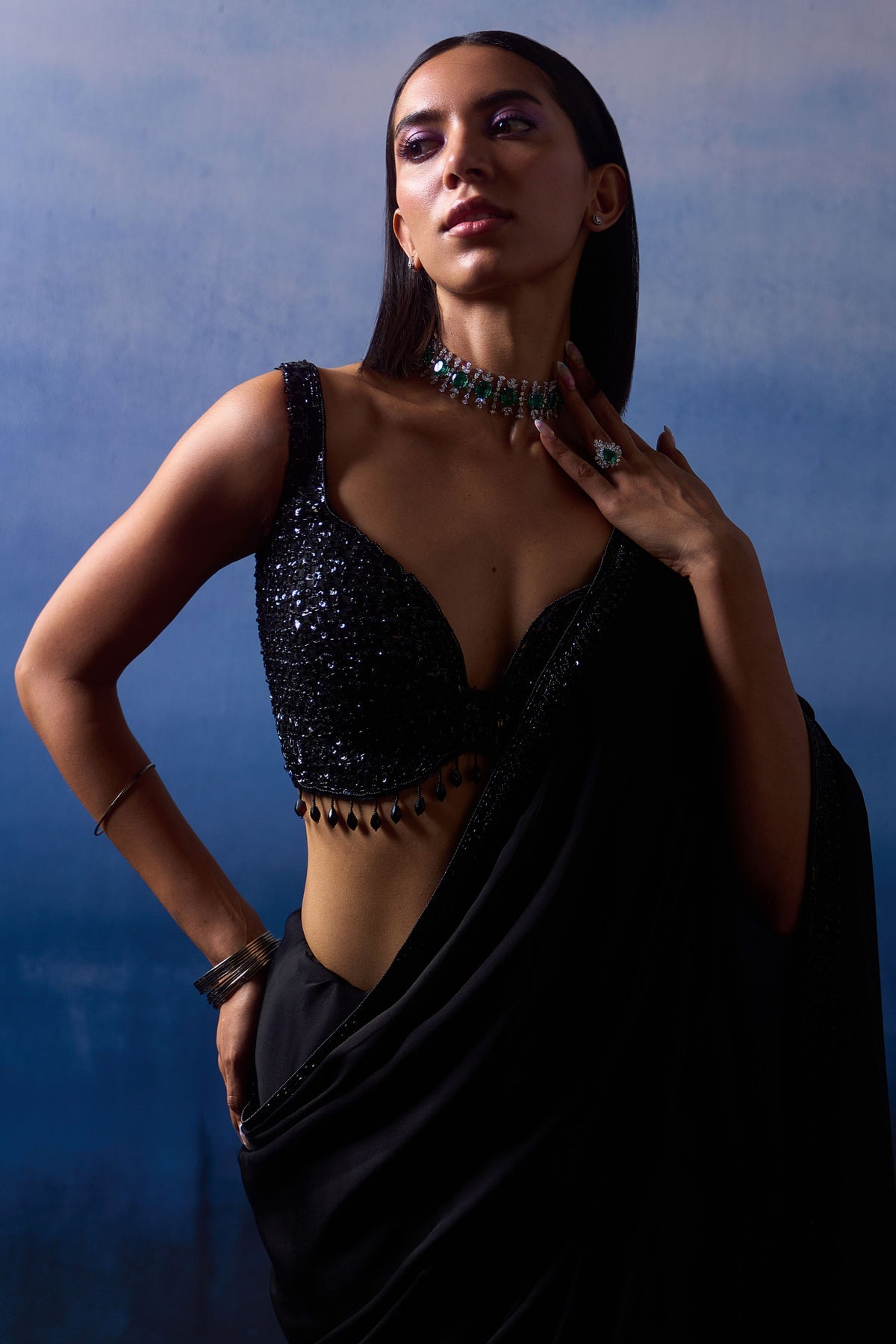 Black Satin Saree Set